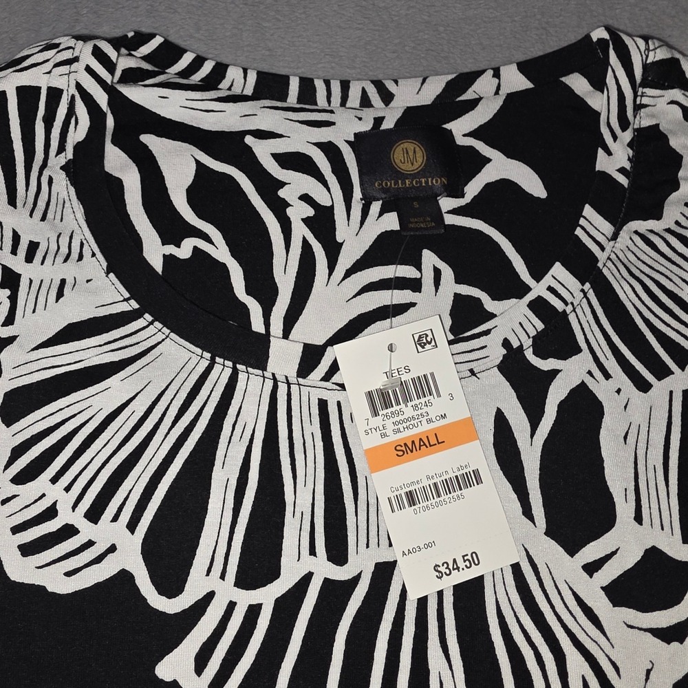JM Collection Womens Black White Floral Silhouette 3/4 Sleeve Top Size Small